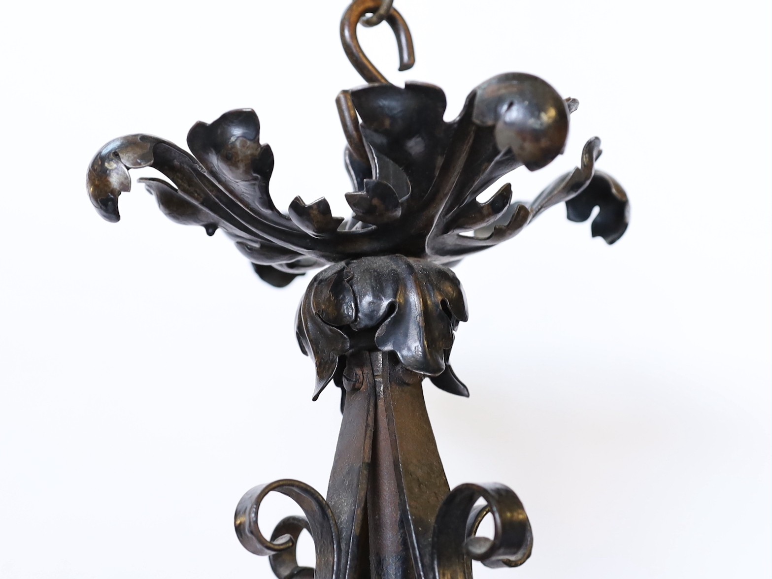 An early 20th century French wrought iron and cut and frosted glass hall lantern, height 40cm